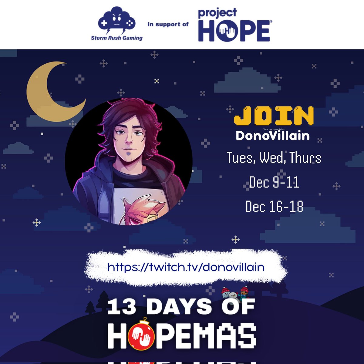 StormRushGaming's tweet photo. 9 days of pure Hopemas joy and here's to even more.

On the 10th day, we have unexpected guests joining @DonoVillain tonight.

Alongside Dono, we will also have @RedShieldGamer &amp; @Sundiny_ joining in on the fun.

In addition, @darthlink127 will be upping the challenge in Balatro. https://t.co/eznR6P23hA