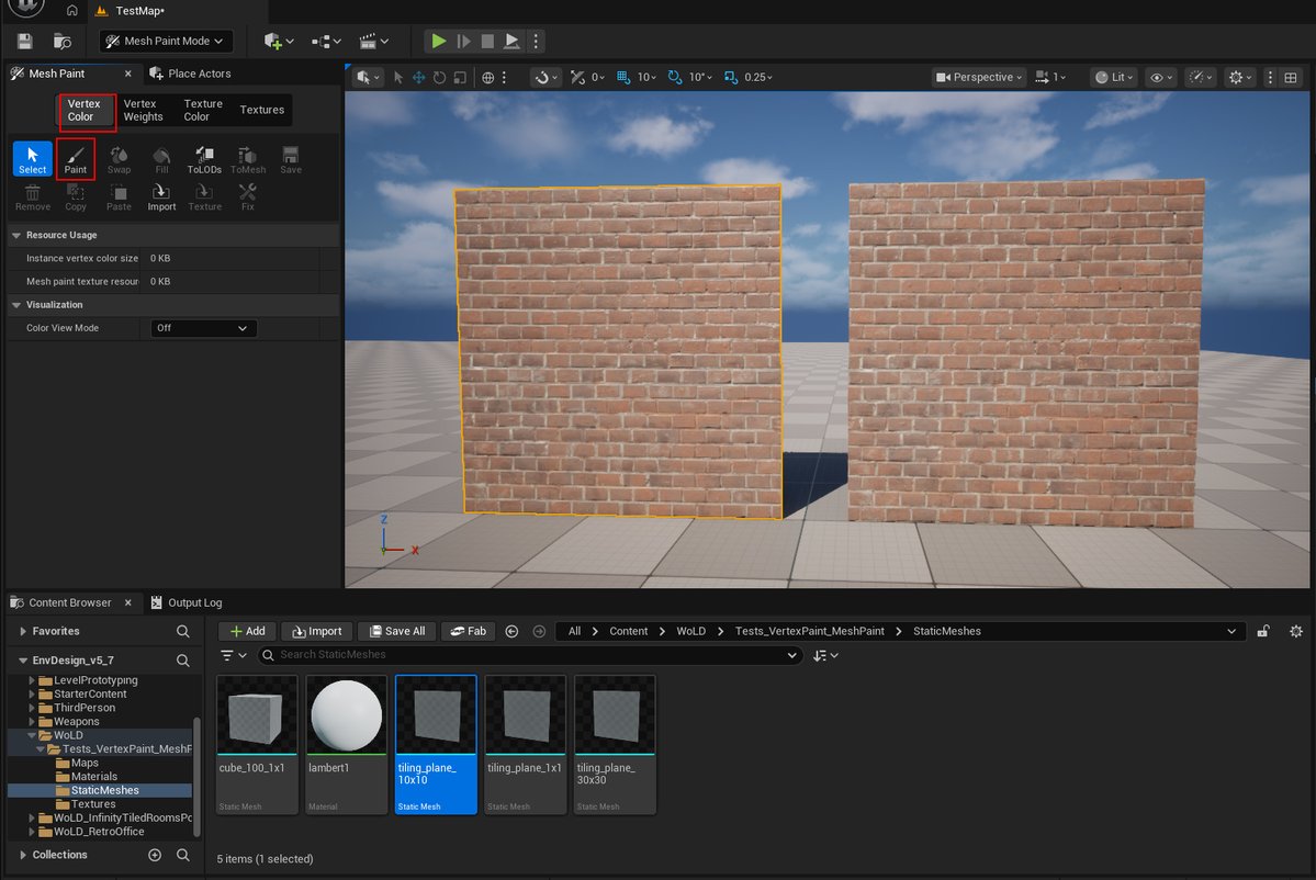 GameLevelDesign's tweet image. Traditional Vertex Color Painting in UE5 does NOT work on Nanite geo.

SIMPLE TEST:

Mesh 1 left (IMG 1-2) NON-NANITE, Vertex Color Paint ready to go

Mesh 2 right (IMG 3-4) NANITE, Vertex Color Paint grayed out

Vertex Color Paint will also disappear when enabling Nanite on geo.