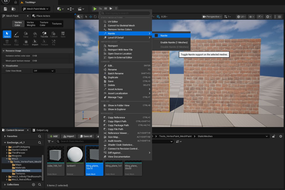 GameLevelDesign's tweet image. Traditional Vertex Color Painting in UE5 does NOT work on Nanite geo.

SIMPLE TEST:

Mesh 1 left (IMG 1-2) NON-NANITE, Vertex Color Paint ready to go

Mesh 2 right (IMG 3-4) NANITE, Vertex Color Paint grayed out

Vertex Color Paint will also disappear when enabling Nanite on geo.