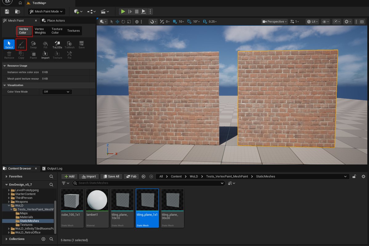 GameLevelDesign's tweet image. Traditional Vertex Color Painting in UE5 does NOT work on Nanite geo.

SIMPLE TEST:

Mesh 1 left (IMG 1-2) NON-NANITE, Vertex Color Paint ready to go

Mesh 2 right (IMG 3-4) NANITE, Vertex Color Paint grayed out

Vertex Color Paint will also disappear when enabling Nanite on geo.