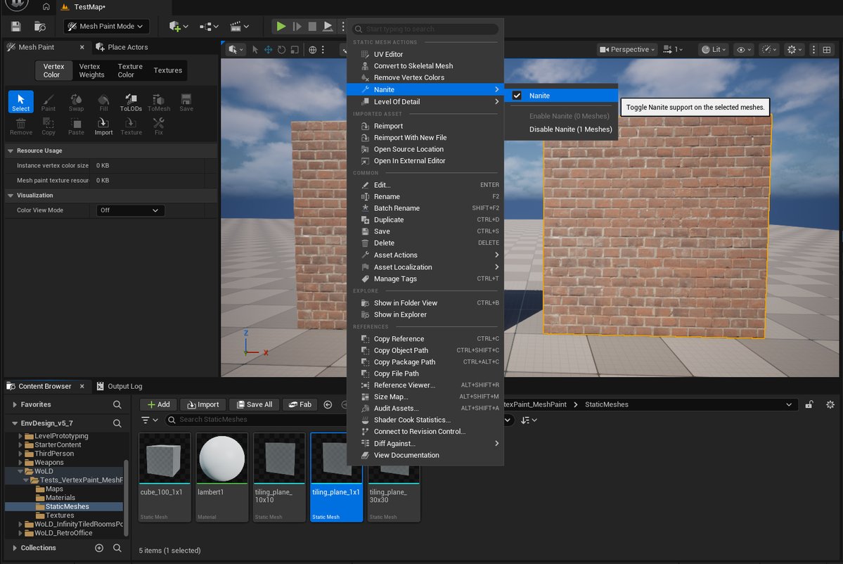 GameLevelDesign's tweet image. Traditional Vertex Color Painting in UE5 does NOT work on Nanite geo.

SIMPLE TEST:

Mesh 1 left (IMG 1-2) NON-NANITE, Vertex Color Paint ready to go

Mesh 2 right (IMG 3-4) NANITE, Vertex Color Paint grayed out

Vertex Color Paint will also disappear when enabling Nanite on geo.