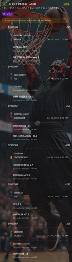 🏀 NCAAM 12/18 🏀
The Darth Maul parlay

Trying something new here, hoping all 6 of these games do not end in blowouts or upsets and we’re good to go🫡
