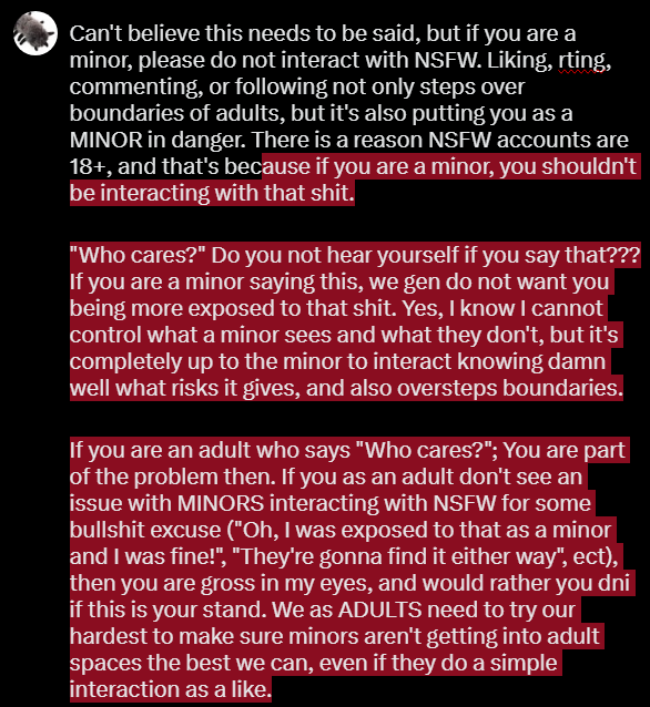 sniz0ltoss's tweet photo. Btw if you are a minor and you do see this post, don't interact with it (will block). Just read this and scroll. Please be safe when online. https://t.co/F7qQ71K0sa