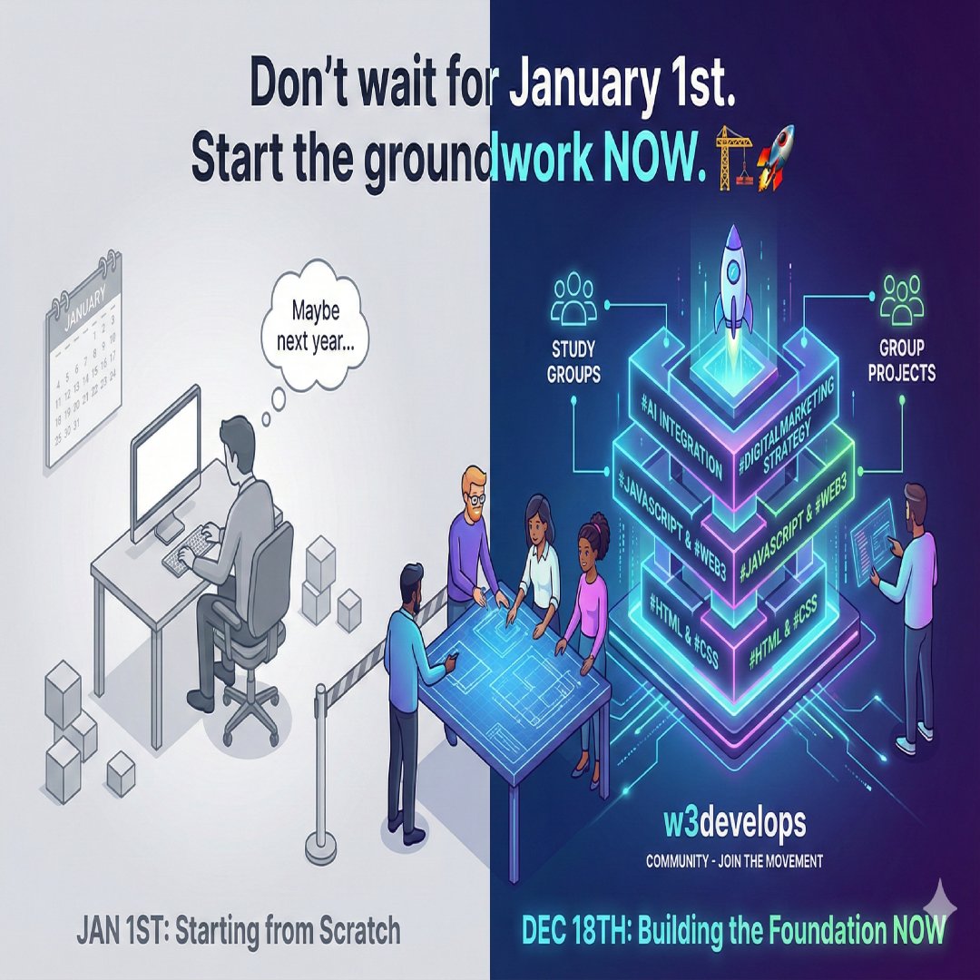 w3Develops's tweet image. The "Jan 1st" trap? Skip it. Start building now. 🏗️

At w3develops, we merge core #html, #css, &amp;amp; #javascript with #web3 &amp;amp; #ai.

But we don't just code; we ship. Learn #digitalmarketing, find #studygroups, &amp;amp; launch #groupprojects that actually get you hired. 🚀