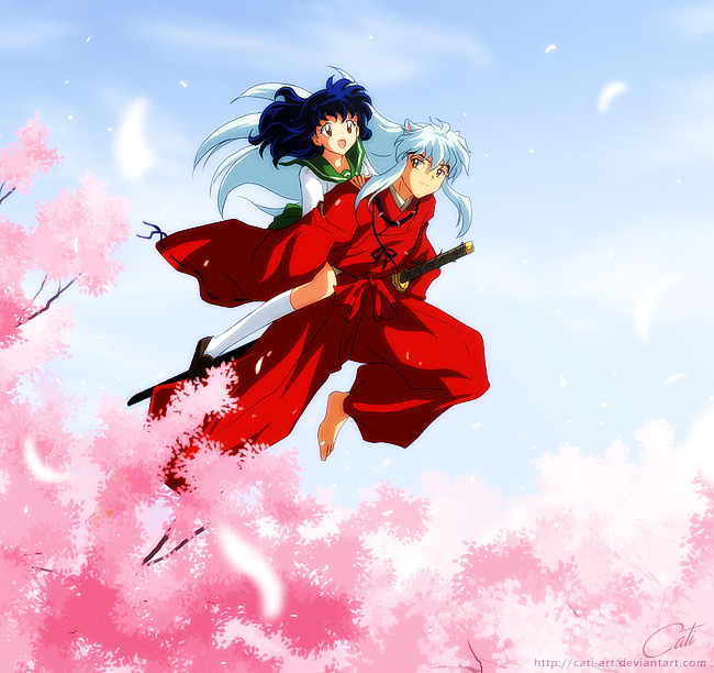 A InuKag fanart I drew years ago. I love the idea of Inuyasha wanting to make Kagome happy by showing her another angle to see the cherry blossoms 🌸 #inuyasha #kagome #inukag #inukago