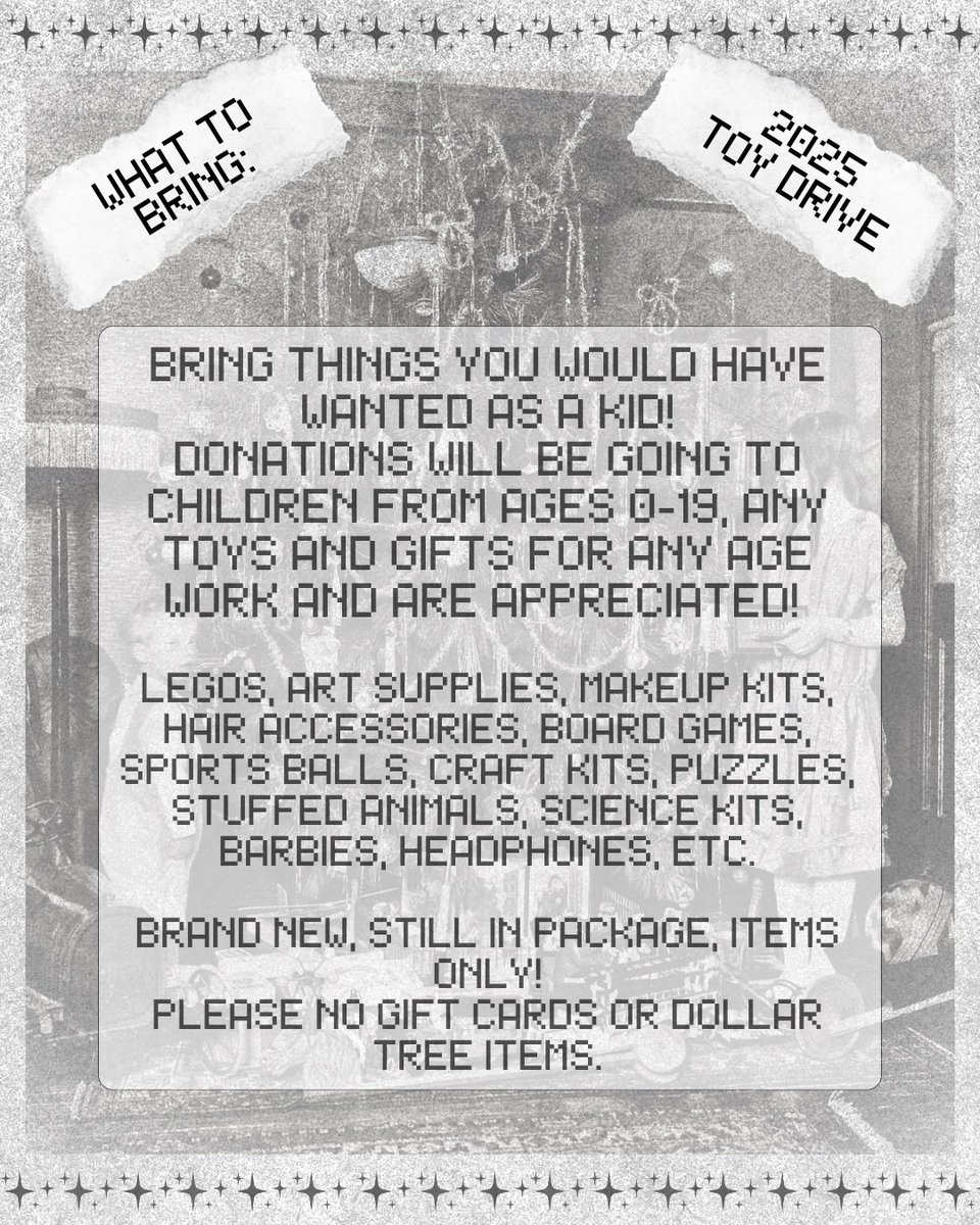 NO THREAT TOY DRIVE IS TWO DAYS AWAY. THIS SATURDAY. I’M DECORATING THE VENUE CUTE. BRING SOME COOL ASS TOYS PLEASE. THIS SHOW IS LITERALLY FREE WITH A TOY FOR ALL THOSE BANDS AND WE’RE LEAVING BY 10. WHAT MORE COULD YOU ASK FOR!