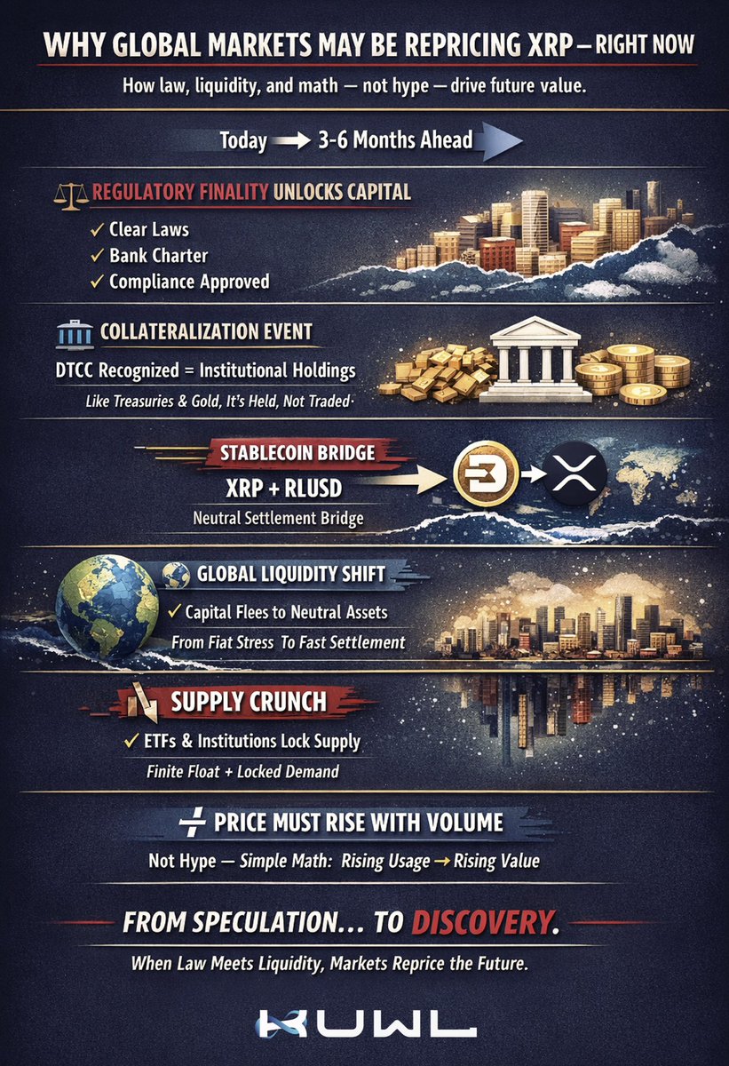 KuwlShow's tweet photo. If the Internet of Value is real, then XRP is not optional.
It becomes foundational infrastructure  - and foundational infrastructure inevitably becomes essential, scarce, and highly valuable.

Not because of belief.
Not because of narratives.
But because systems obey design constraints, not opinions.

Step 1: How Value Actually Forms (First Principles)

Value accrues where four conditions converge:
1. Necessity (the system cannot function without it)
2. Neutrality (no party controls it)
3. Interoperability (it connects everything)
4. Scalability under law (it can operate globally without breaking rules)

The Internet itself did this with:
• TCP/IP
• DNS
• HTTPS

No one “invested” in TCP/IP.
They built everything on top of it.

XRP is playing the same role - but for value, not information.

Step 2: Why the Interledger Protocol (ILP) Changes Everything

ILP does one profound thing:

It decouples value transfer from any single ledger, currency, bank, or nation.

This is not ideological.
It is architectural.

ILP requires:
• A neutral settlement asset
• Finality in seconds
• No counterparty risk
• Global liquidity access
• Regulatory compatibility

There are very few assets that even qualify.

XRP does.

Step 3: Why XRPL + XRP Are Structurally Different

Let’s be precise.

XRPL provides:
• Deterministic finality (no probabilistic settlement)
• Native DEX
• Atomic pathfinding
• Hooks / programmability
• 1,500+ TPS with sub-5-second settlement
• Near-zero transaction cost

XRP provides:
• A bridge asset that is:
• Neutral
• Non-sovereign
• Highly liquid
• Scarce (fixed supply)
• Fast enough to clear institutional flows

This combination is not replicated elsewhere.

Step 4: RLUSD Does NOT Compete with XRP - It Completes It

This is where many people miss the plot.
• Stablecoins = accounting units
• XRP = liquidity and motion

RLUSD:
• Anchors fiat
• Satisfies regulators
• Enables pricing clarity

XRP:
• Eliminates nostro/vostro
• Moves value between silos
• Acts as the neutral bridge when two systems don’t trust each other

They are complementary by design, not substitutes.

Just like:
• Dollars sit in accounts
• But wires and clearing rails move money

Step 5: ISO 20022 Is the Silent Confirmation

ISO 20022 doesn’t mandate XRP.

It assumes:
• Tokenized assets
• Structured data
• Interoperable payment rails
• Real-time settlement

Once institutions speak ISO 20022, they must choose rails that:
• Settle instantly
• Handle tokenized value
• Operate cross-border
• Avoid counterparty risk

Again - XRP fits by necessity, not preference.

Step 6: Collateral Reality (This Is the Big One)

Collateral markets are conservative to the point of brutality.

They demand:
• Price discovery
• Liquidity under stress
• Legal clarity
• Operational reliability
• Global fungibility

If XRP becomes:
• Accepted as collateral
• Used in liquidity pools
• Embedded in clearing & settlement
• Required for tokenized RWA flows

Then demand becomes structural, not speculative.

That’s the difference between:
• A “trade”
• And infrastructure rent

Step 7: Probability Assessment (No Hopium)

Let’s speak honestly.

Likelihood XRP becomes essential infrastructure?
High, because:
• Tokenization of RWAs (already happening)
• Cross-chain settlement demand increases (inevitable)
• Regulatory clarity persists (trend confirmed)
• Institutions seek neutrality over sovereignty (they always do)

This isn’t a moonshot thesis.
It’s a plumbing thesis.

Final Truth (Common-Sense Test)

The universe runs on order, law, and harmony.

Infrastructure that:
• Reduces friction
• Removes dishonesty
• Eliminates middlemen
• Honors honest weights & measures

Always wins.

XRP’s value is not in what people think it’s worth.

Its value is in how much value must pass through it.

And if the Internet of Value is real…

XRP becomes unavoidable.

@Ripple @Cointelegraph @CNBC @BitcoinNews @saylor @WSJ @MarioNawfal @GEdward_Griffin #KUWL