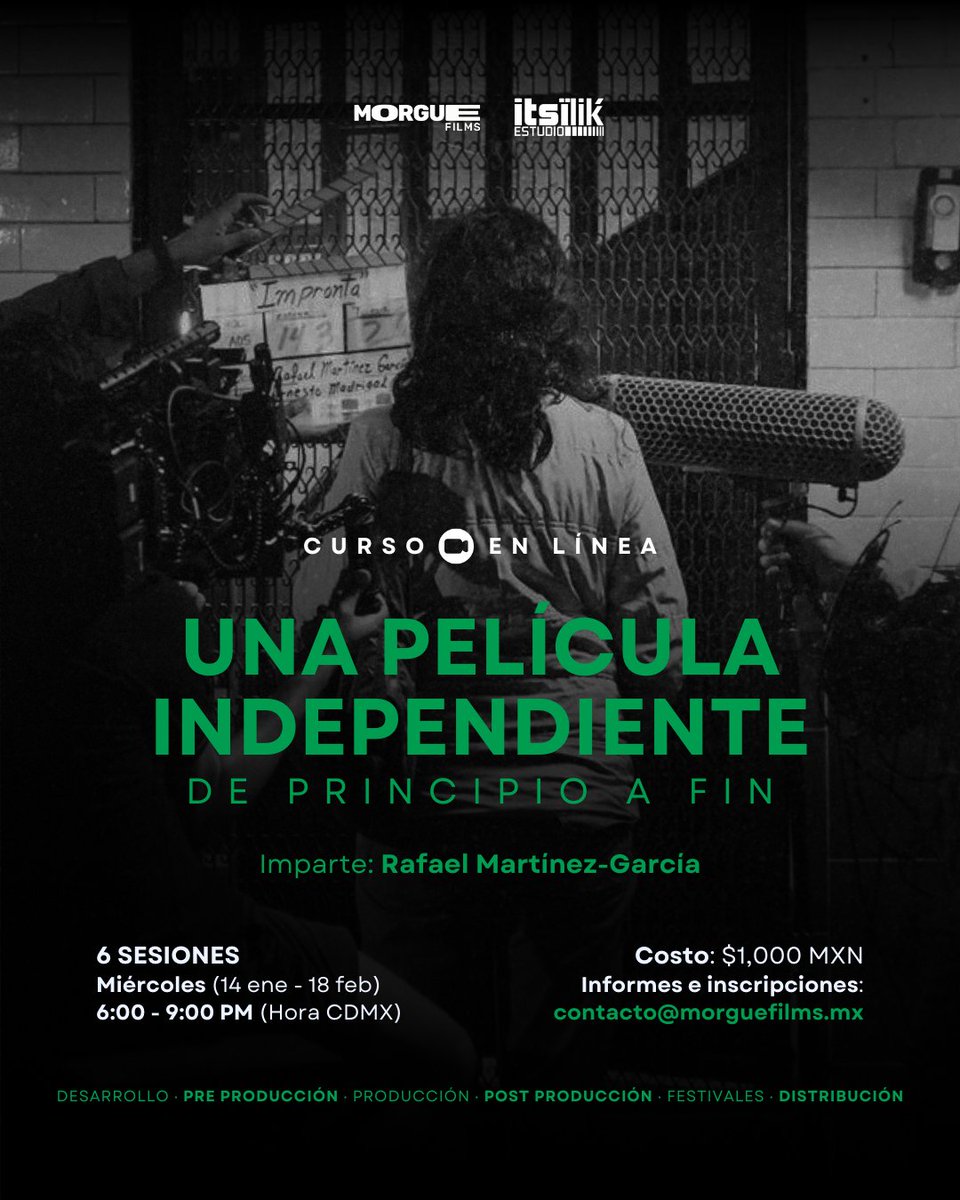 rafaelmtzgarcia's tweet photo. Gente querida, una vez más voy a impartir este taller en línea 💻: "Una película independiente de principio a fin". 🎥

6 sesiones, los miércoles (del 14 de enero al 18 de febrero), de 6 a 9 PM (hora CDMX).

Más detalles e inscripciones 👉 contacto@morguefilms.mx https://t.co/nesTW7Igpx