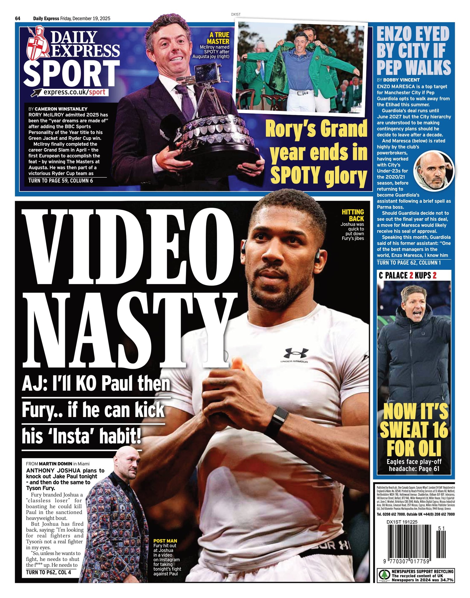 غلاف صحيفة اكسبريس.. المدرب إنزو ماريسكا خيار السيتي المحتمل. مانشستر سيتي يضع إنزو ماريسكا ضمن خططه البديلة في حال رحيل بيب غوارديولا بعد مونديال الأندية.. تعادل بلا غالب. كريستال بالاس وإيبسويتش يتقاسمان النقاط بتعادل مثير (2-2) في مواجهة مشتعلة حتى النهاية.. صداع الملحق دوري المؤتمر الأوروبي: إيبسويتش يدخل مرحلة الحسم وسط ضغوط كبيرة قبل مواجهات الملحق الحاسمة.. Daily_Express 