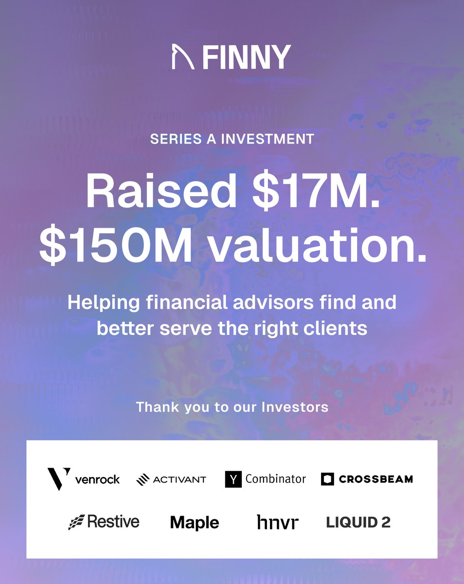FINNYAI's tweet image. FINNY has raised $17M Series A led by @Venrock.

We're building the organic growth engine for financial advisors  - helping them find the right clients at the right time, with the right message. 

400+ firms. 50x growth. Just getting started.