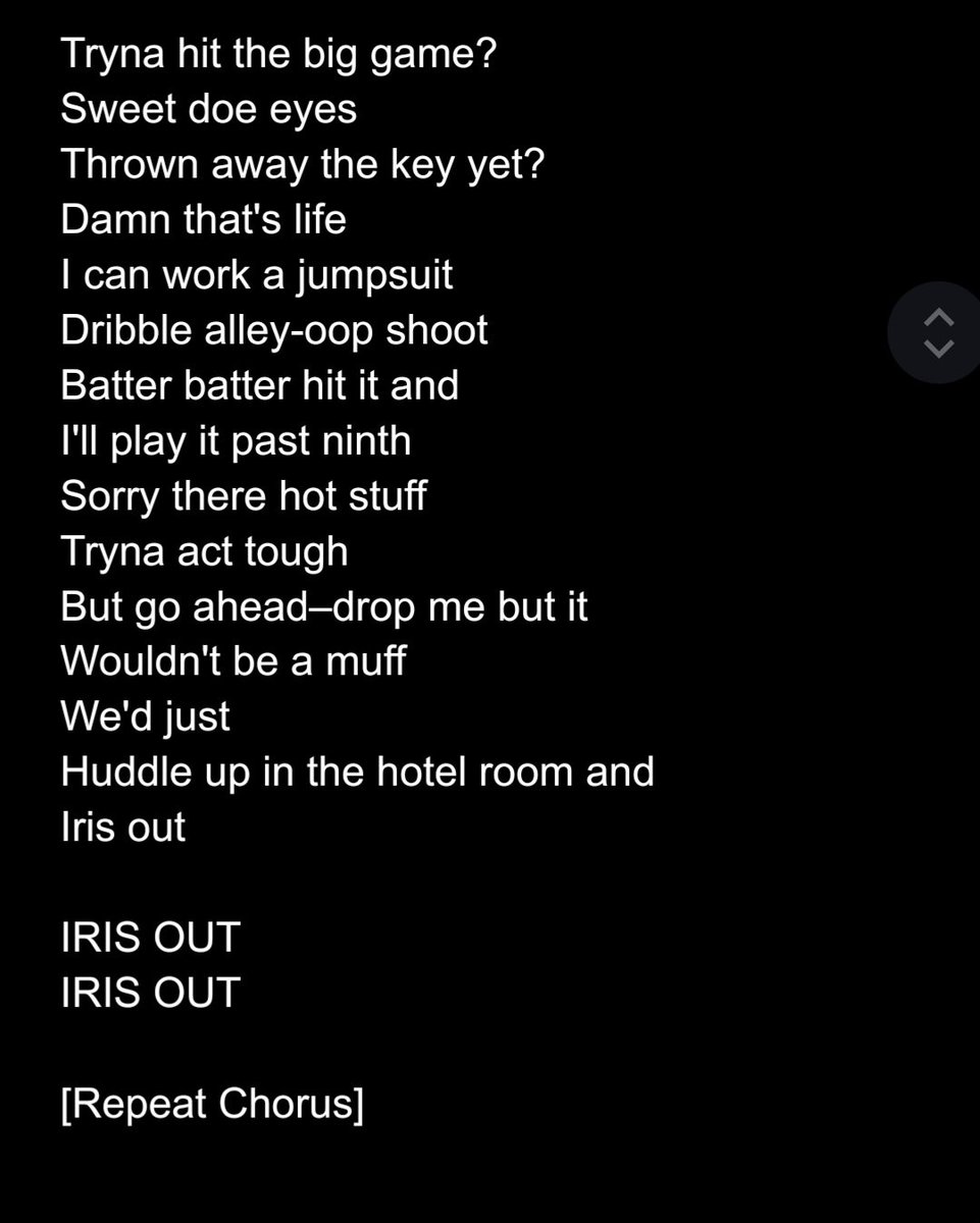 Cargodin's tweet image. "IRIS OUT"
English fan lyrics by Cargodin

Original by Kenshi Yonezu from Chainsaw Man - The Movie: Reze Arc