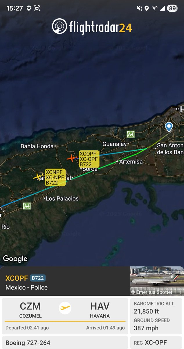 Borrowed7Time's tweet image. Mexico Guardia Nacional B727-264 x2 departing Havana. Aircraft arrived earlier today from Mexico City via Cozumel:

XC-NPF #0D000F 
XC-OPF #0D0877
@sipjack1776 @FlconEYES @All_Source_News @natsecboogie @LadyAstroJet