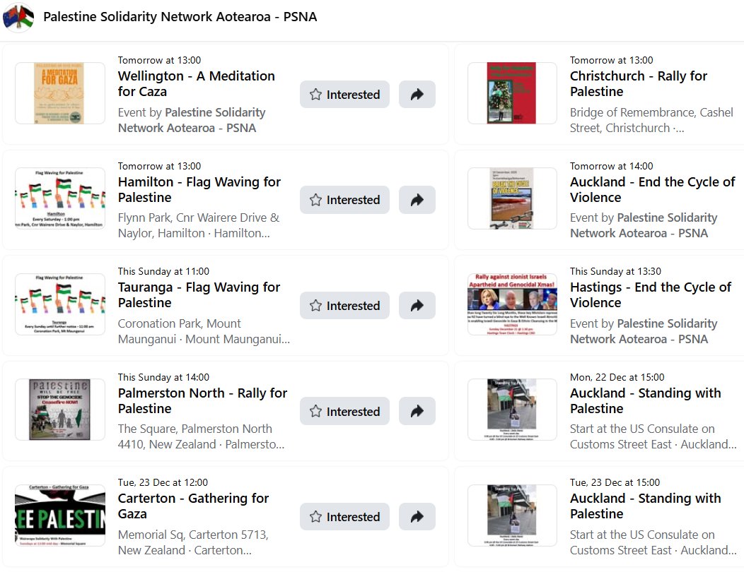 🍉ℹ️
List of AoNZ🇳🇿's peaceful, family-friendly events for Palestine🇵🇸 for week 1⃣1⃣5⃣ 👇 (Friday update)
🔗 (North to South): psna.nz/events
🔗 (by time &amp; date): facebook.com/profile.php?id…