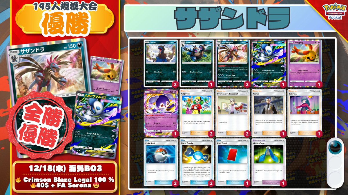 🌏 ポケポケ 大会結果 🌏 無敗12戦連勝！『サザンドラ』が全勝優勝