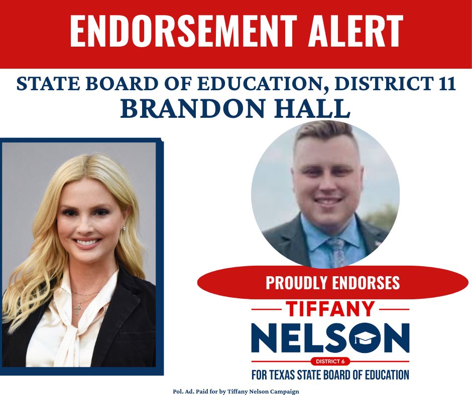 🚨ANNOUNCEMENT ALERT:STATE BOARD OF EDUCATION, DISTRICT 11 BRANDON HALL🚨
A proven conservative leader in education for Texas. 
Working together at SBOE will strengthen the fight for strong values, transparency, and a back-to-basics education that puts students and families first