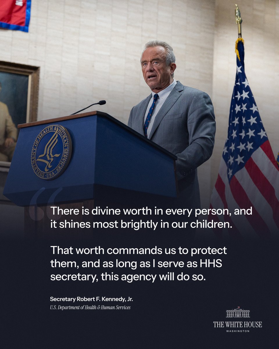 WhiteHouse's tweet image. Today, @SecKennedy  announced major steps to protect America's children, including:

• New rules to bar hospitals from performing sex-rejecting procedures on minors

• FDA warning letters to companies marketing breast binders to children

• A Section 504 update clarifying…