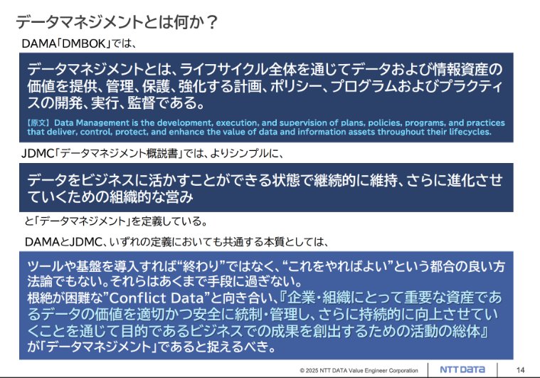 light940's tweet photo. 「日本にはデータの整備士が存在しない」という指摘からデータマネジメント実践人材育成の重要性を語っている内容。AI活用が前提になる時代だからこそデータの質や量を担保できるデータマネジメント人材育成が重要になる。

https://t.co/kS42SVBrBE https://t.co/9DHPw2Gcgw