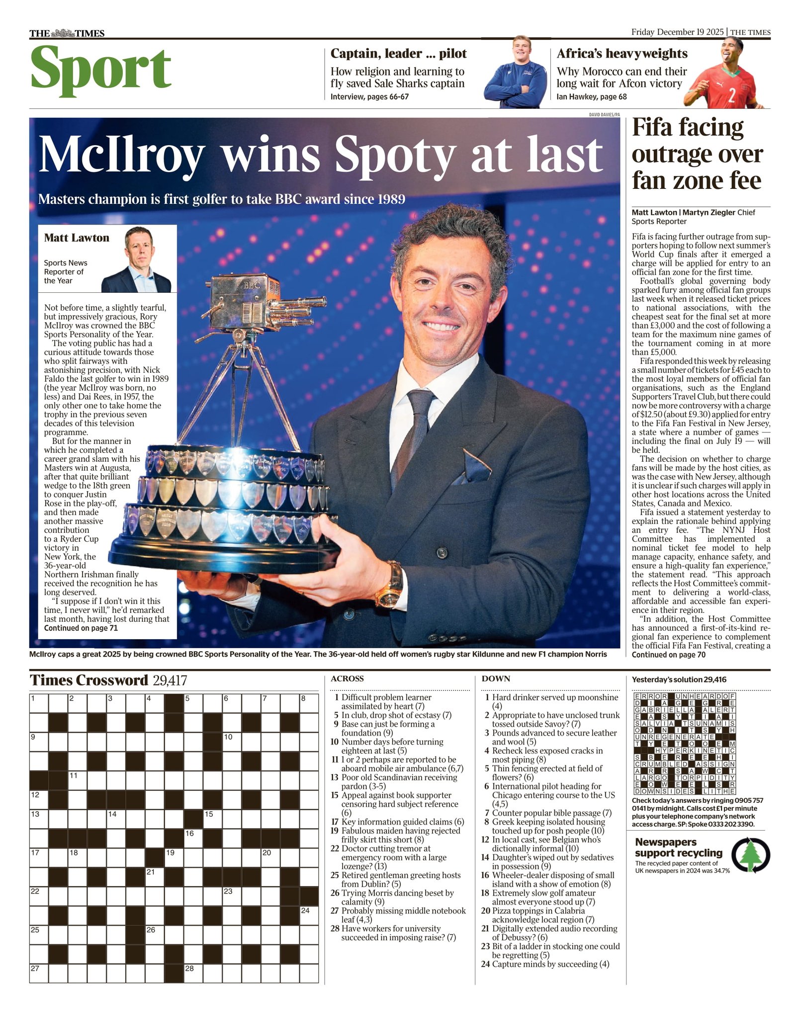 صحيفة التايمز.. كأس الأمم الأفريقية: المغرب يملك المقومات الكاملة لإنهاء سنوات الانتظار والتتويج بلقب كأس أمم أفريقيا. غضب ضد فيفا: فيفا تواجه انتقادات واسعة بسبب نيتها فرض رسوم على دخول مناطق الجماهير خلال كأس العالم 2026 