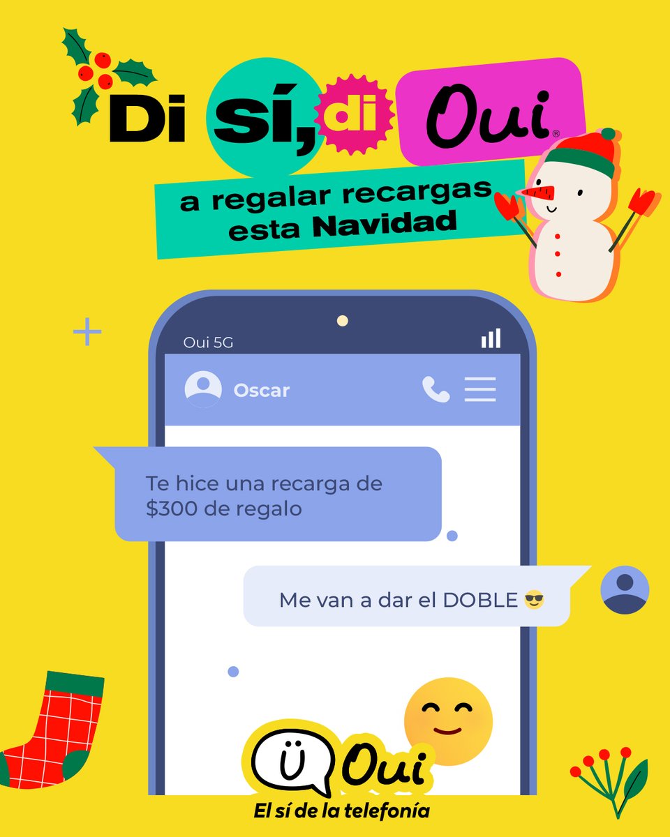 Que estas fiestas🎉🎊🎄 sean de dar recargas con DOBLES BENEFICIOS🎁🎁. Porque tus 📱recargas de $200 y $300 con OUI te dan más. Di sí, di OUI a regalar datos.
Descubre más aquí➡️ bit.ly/4auvHfX