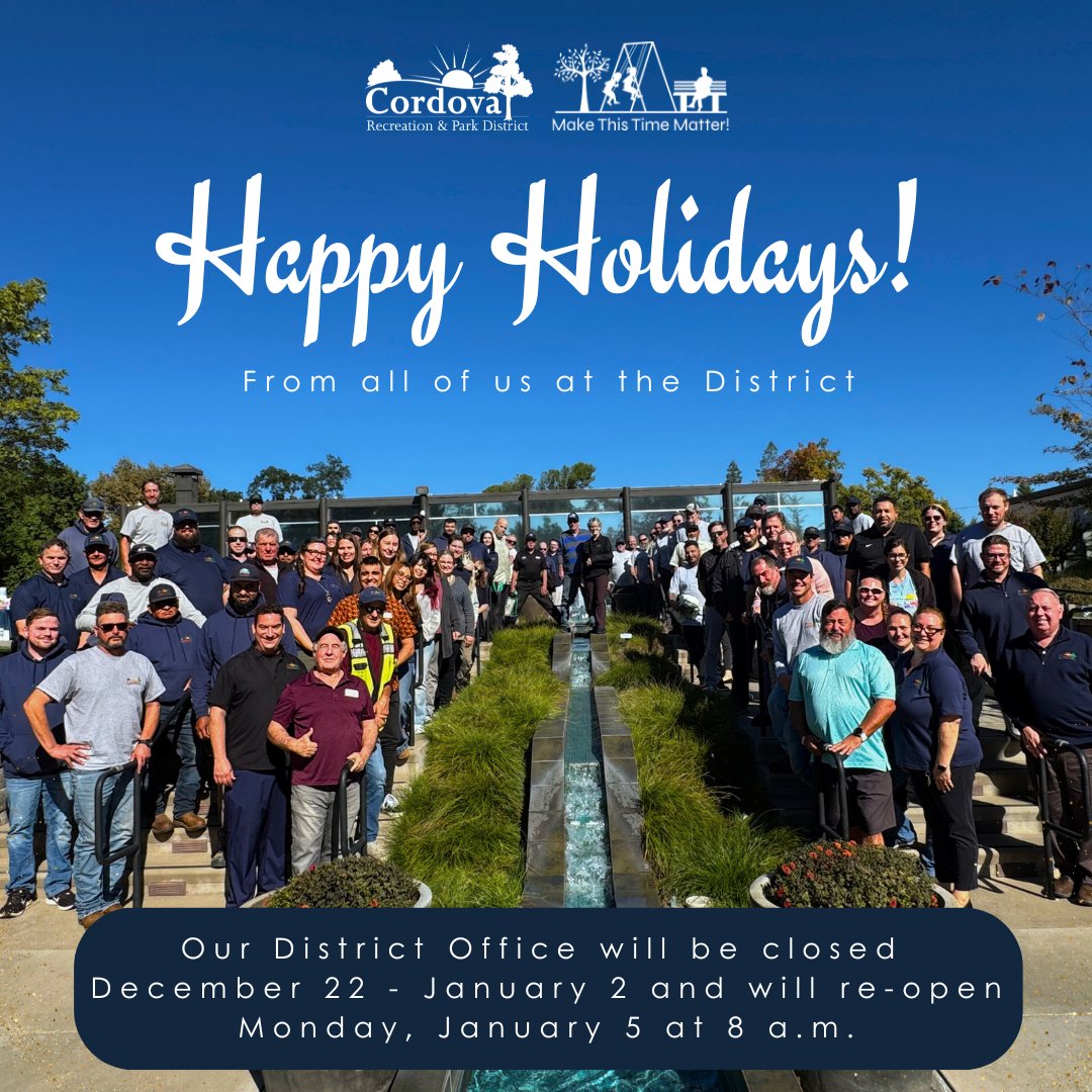 CordovaRPD's tweet photo. Happy Holidays from all of us at the District! The District Office will be closed December 22 - January 2. We will re-open for regular business hours on Monday, January 5 at 8 a.m.

Wishing you all a warm and happy holiday season! ❄️ https://t.co/Fq46Y8Fwck