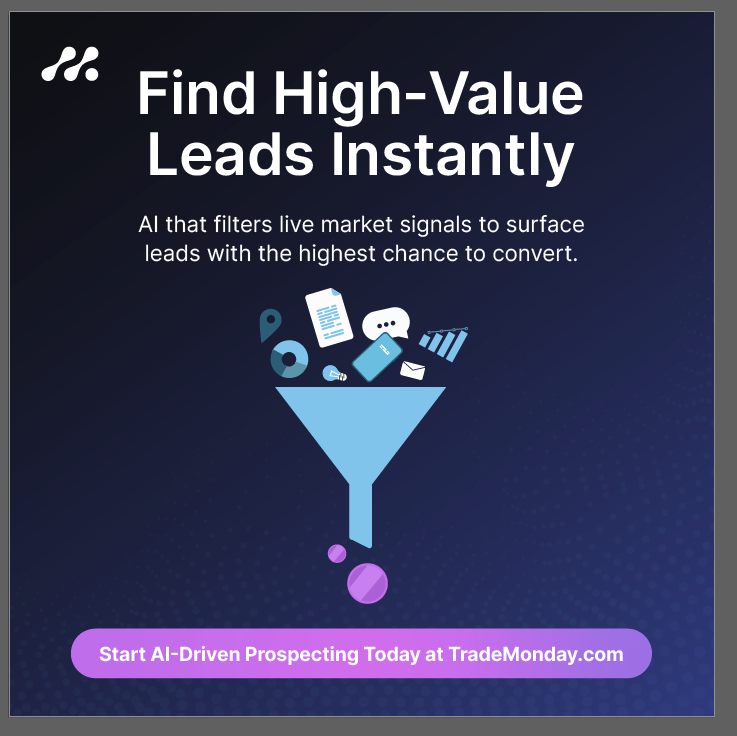 TradeMonday's tweet photo. Outdated lead lists are killing your pipeline! Our AI scans live market signals, social trends &amp; demographics to surface prospects ready to convert.

Find your next best customer—automatically.

Try it free at https://t.co/zLsg3nDTbb. No credit card needed.

#SalesAI #LeadGen https://t.co/pqkMhNPkNg