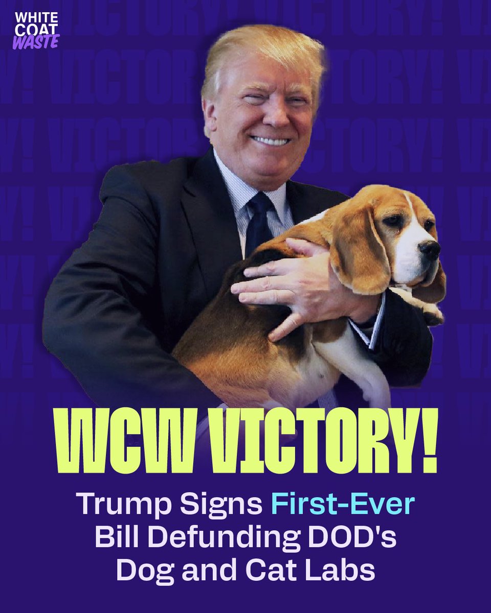 🚨BREAKING:  President Trump @RealDonaldTrump has just signed into law the first bill EVER that DEFUNDS the <a href="/DeptofWar/">Department of War 🇺🇸</a>’s taxpayer funded, cruel dog and cat testing🚨

The 2026 National Defense Authorization Act (NDAA) cuts taxpayer funding for painful experiments on dogs and