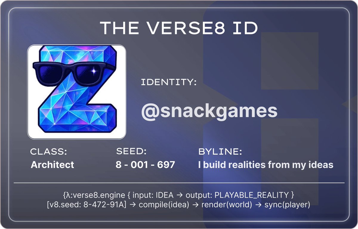 I'm now a verified early to <a href="/verse_eight/">Verse 8 | Why Code, Just Verse 8</a> AI-native creation layer.

With my Verse8 ID, I get explore the platform that turns your ideas &amp; single prompts into interactive worlds.

Claim yours:
discord.gg/verse8-official
