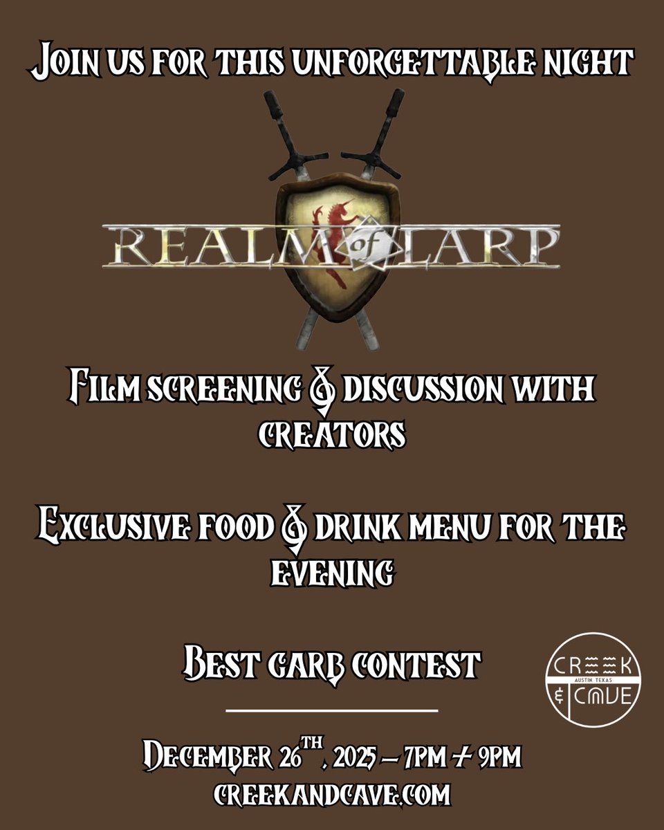 ‼️JUST ANNOUNCED‼️ The long-awaited return of The Realm of LARP is happening at The Creek and The Cave in Austin, TX on Friday, December 26th 👏 join us for this exclusive screening &amp; film discussion with the creator, Victor Varnado, and moderated by .<a href="/bradbooker/">Brad Booker</a>. Featuring a