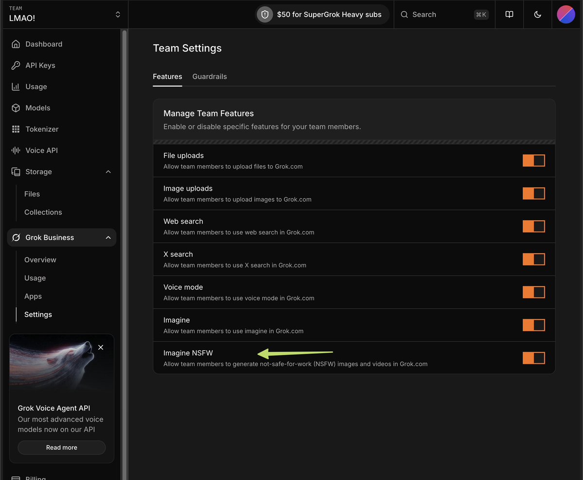 techdevnotes's tweet image. Grok Business in xAI Console has Settings to Toggle Imagine NSFW feature