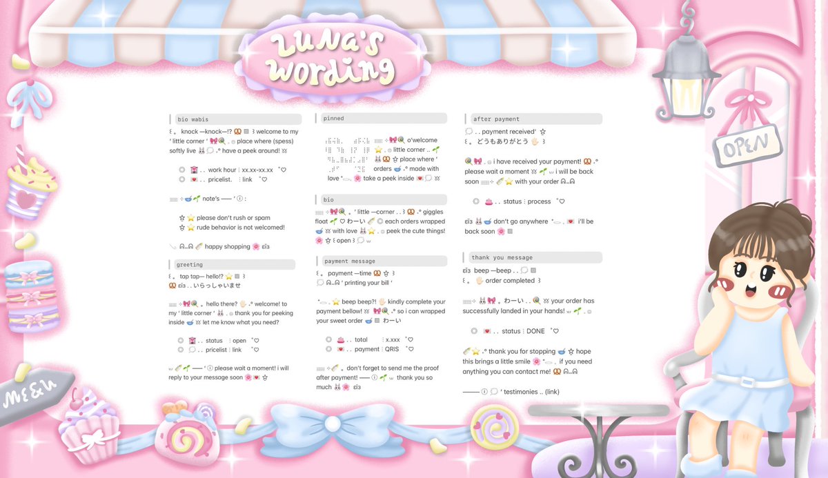 sereenitte's tweet image. 📁 ﹙ help rt? thank you ﹚┊ ☆ 

♡ ˚₊ ⌒ 🎀 hi! wanna sprinkle your profile with cuteness ?! .. ⊹ 🍭🌱 % サンキューッ 𓂋 𓈒 +⭐️  luna open custom wording! ミ 🍼 ˚ ꕤ mulai dari bio, pinned sampai BA needs! 🌸 ᪤ let’s go! grab yours sweet ▷ ˖° 🐰🥣 

#zonauang #zonajajan