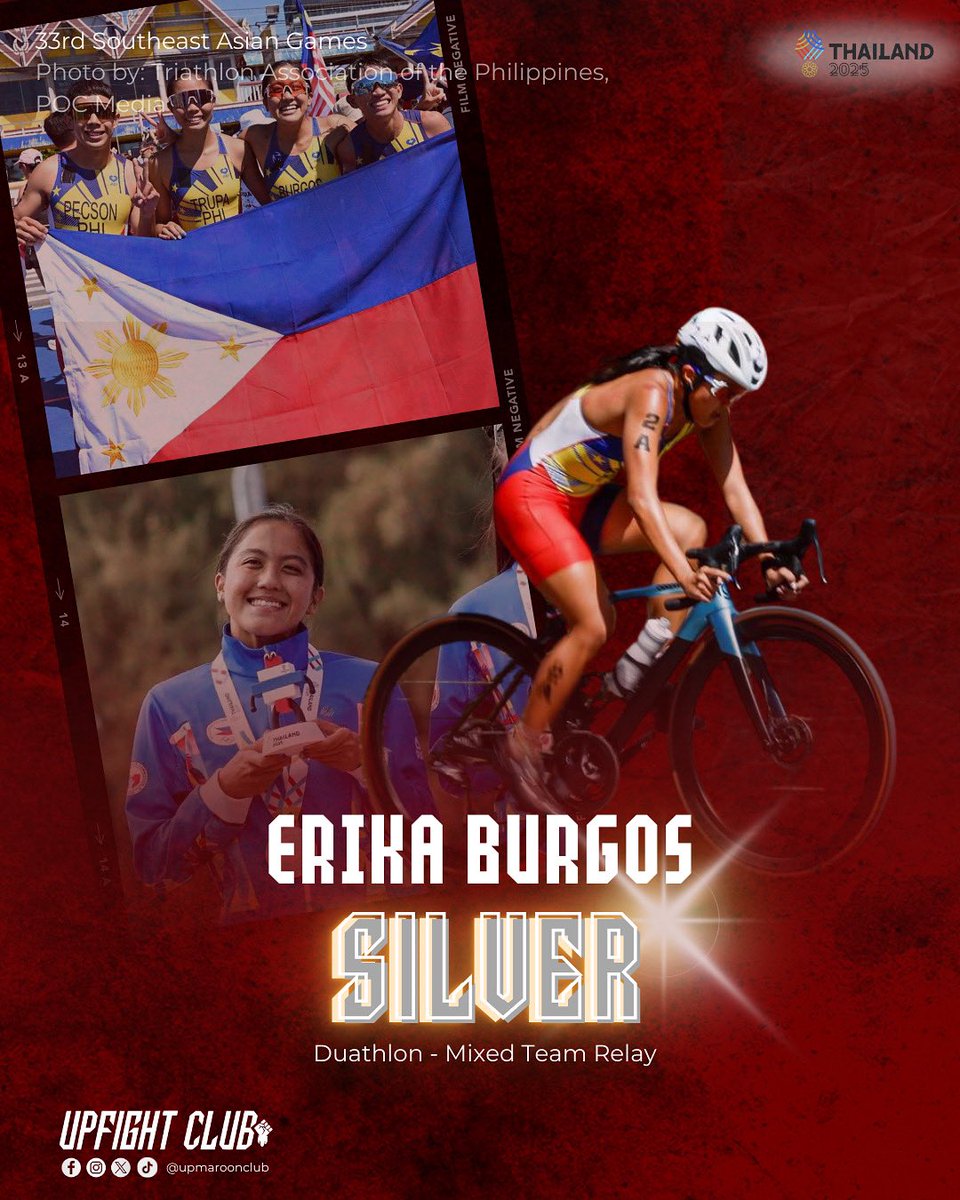 upmaroonclub's tweet photo. DUATHLON DONE RIGHT๐ฅ
Congratulations to Erika Burgos, part of the mixed relay team, for bringing home silver for the Philippines in the 33rd SEA Games Duathlon competitions.
Para Sa Bayan ๐ต๐ญ
#SEAGames2025
#LabanParaSaBayan https://t.co/i39zEpVtQl