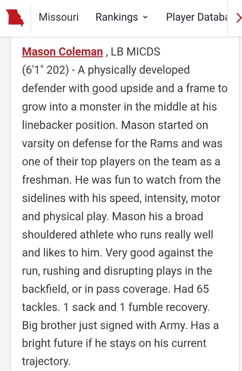 MasonColeman30's tweet image. Blessed to be the #9 player and #1 linebacker in MO class of 29
@coachgoldberg1 @Coach_M_Irvin @CoachGoldenberg @Raybarnes686gm1 @nmenneke77 @BouchardFred @PrepRedzoneMO @JPRockMO
