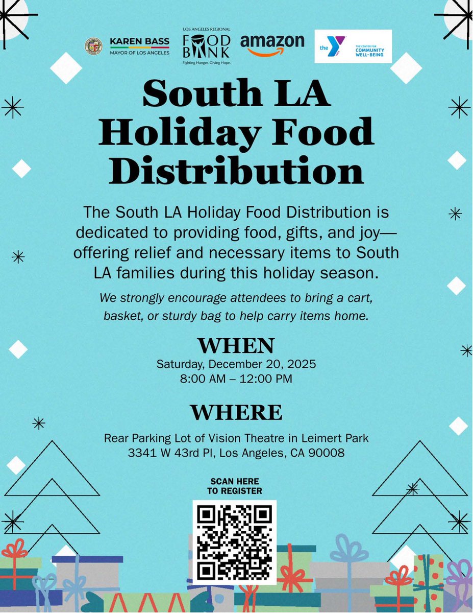247LC's tweet image. South Los Angeles families are invited to register for a holiday food distribution hosted by the Office of Mayor Karen Bass, offering free meal boxes and gifts to support community members in need!

Sign up via the link in the article below and spread the word to families in…
