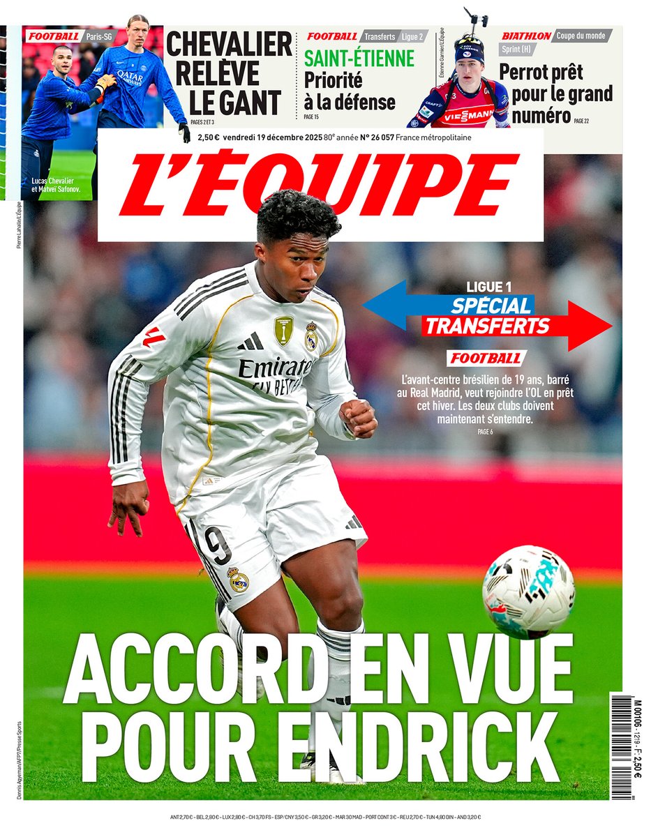 lequipe's tweet image. 🗞️ Les unes du journal L'Équipe du vendredi 19 décembre 2025
