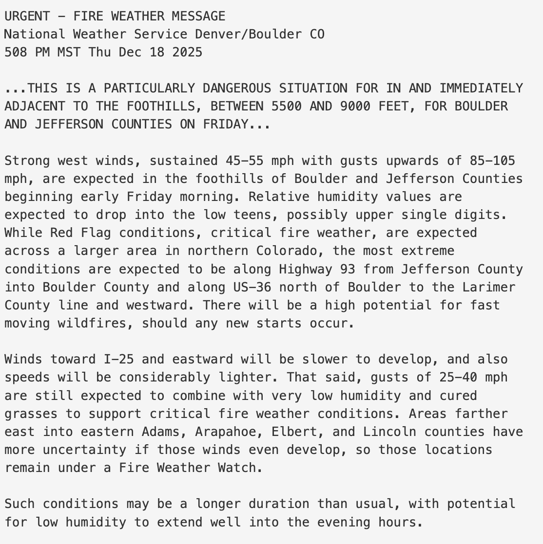 NWS in Boulder, CO has just issued a rare "Particularly Dangerous Situation" (PDS) Red Flag Warning for extreme fire weather risk on Friday. Historically, PDS RFW issuances (including in California) have pinpointed days on which the most dangerous wildfires have occurred. #COwx