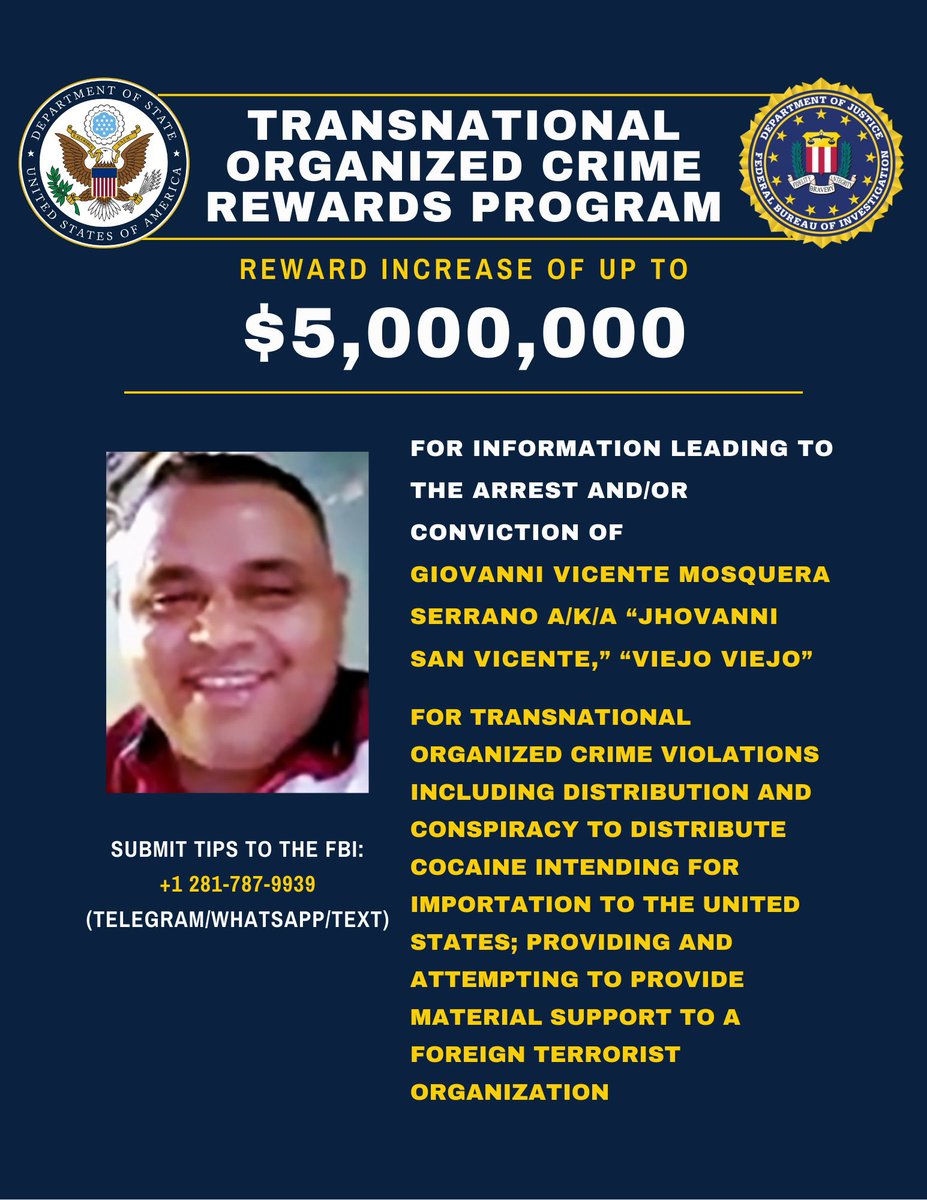 eduardomenoni's tweet photo. 🚨| URGENTE: El Departamento de Estado de EEUU, está ofreciendo recompensas por un total de hasta 14 millones de dólares por información que lleve a la captura de tres líderes del Tren de Aragua: “A todos los narcoterroristas que plagan a nuestro país con asesinatos, drogas y caos: los encontraremos.”🇺🇸🇻🇪