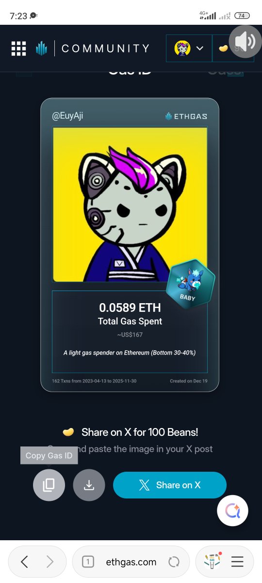 Discovered my Gas ID via ETHGas - turning my gas spend into rewards 🫘

As a Baby Jack, I've spent 0.0589 ETH on gas but earned 16 Beans back.

Get your Gas ID and Beans here: ethgas.com/community/gas-…