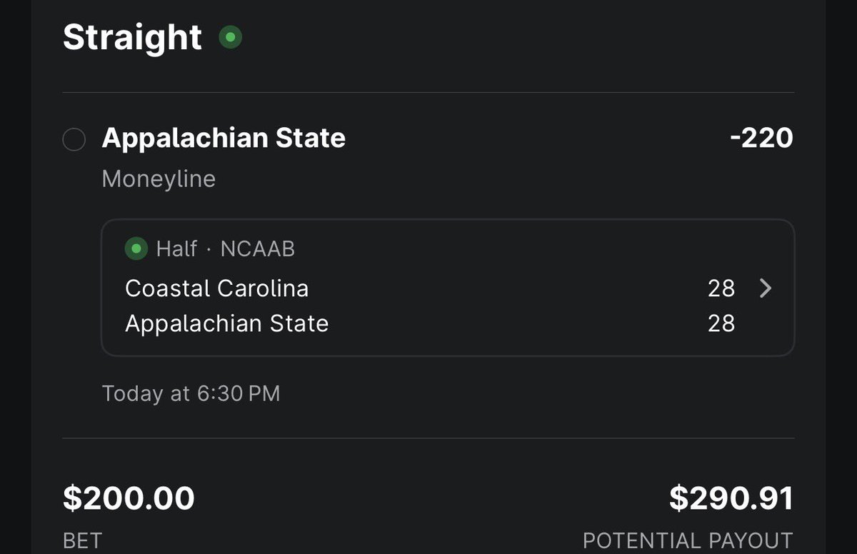 OmniCapper's tweet photo. #NCAAB LIVE POTD ๐จ
Appalachian State ML -220
2 U
BOL ๐
#AppState #AppalachianState #CoastalCarolina #ChantsUp #SunBelt #SunBeltFootball #NCAAF #CollegeFootball #CFBBetting #NCAAFBets #SportsBetting #BettingPicks #GameDayBets #Parlay #Odds #Spread #OverUnder #SharpMoney #PublicVsSharp #SaturdayFootball