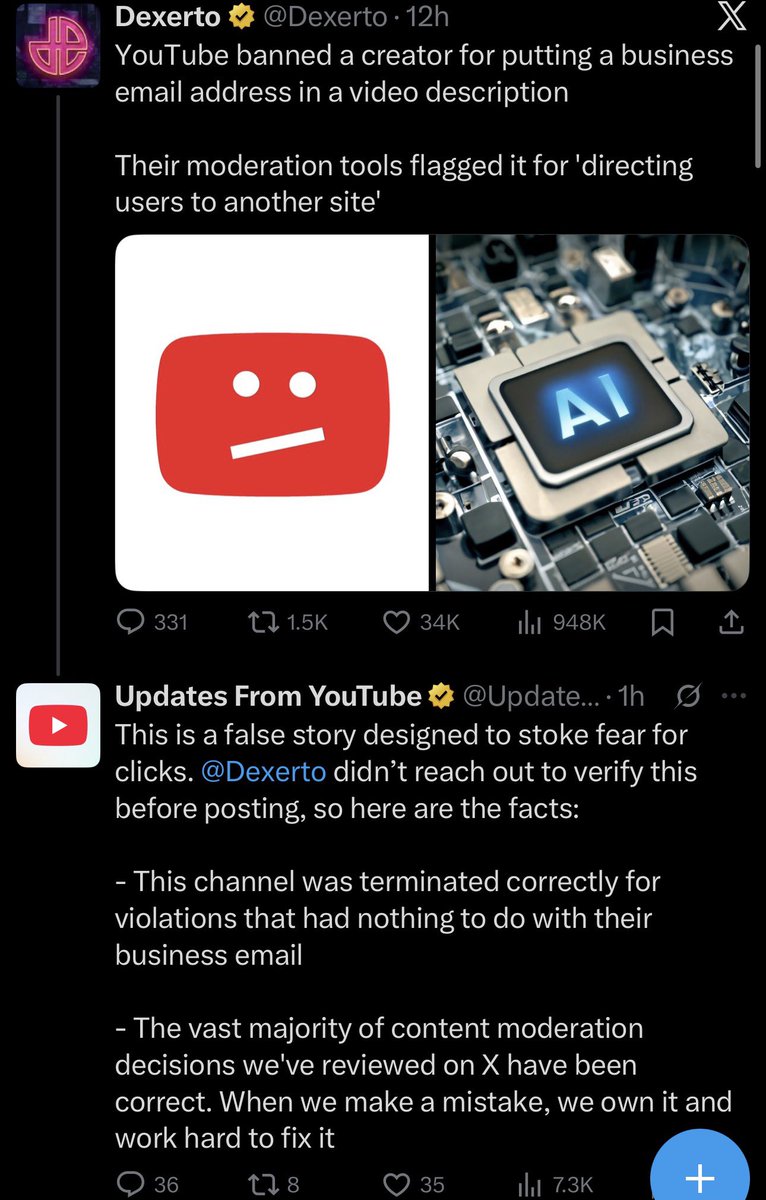 YouTube’s got beef with Dexerto after they tweeted about a creator who was banned for putting a business email address in a video description

Claims that wasn’t the reason

“False story designed to stoke fear for clicks. Dexerto didn’t reach out to verify before posting”