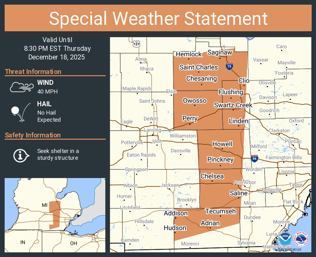 A special weather statement has been issued for Saginaw MI, Adrian MI and  Owosso MI until 8:30 PM EST