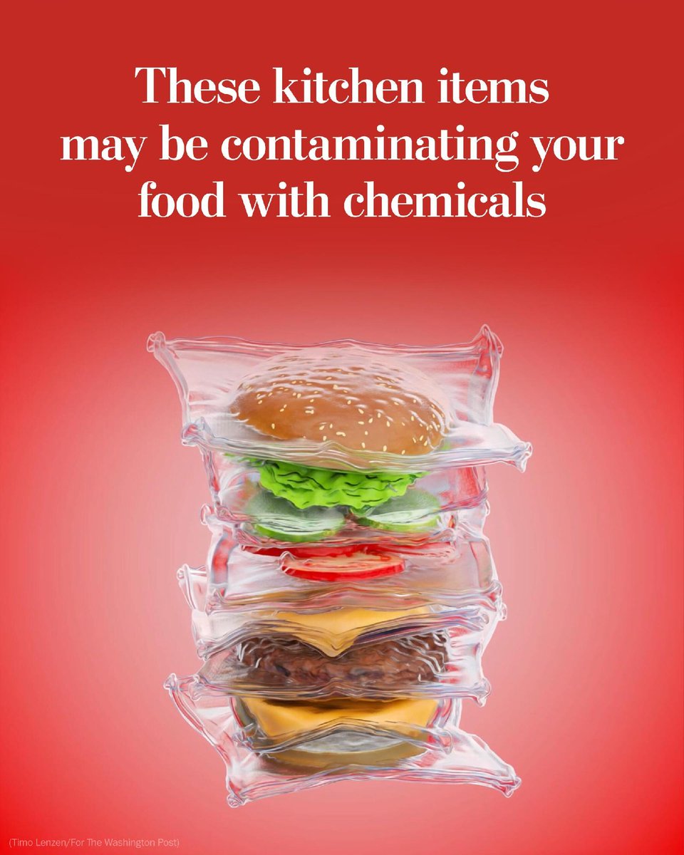 washingtonpost's tweet photo. From food packaging to cookware, everyday items in our kitchen contain harmful chemicals linked to plastics. These chemicals, such as PFAS, phthalates and BPA, can disrupt hormones and cause health issues.

See how they infiltrate everyday items: https://t.co/vUdKr5jDjD https://t.co/7jVaTM6SmO