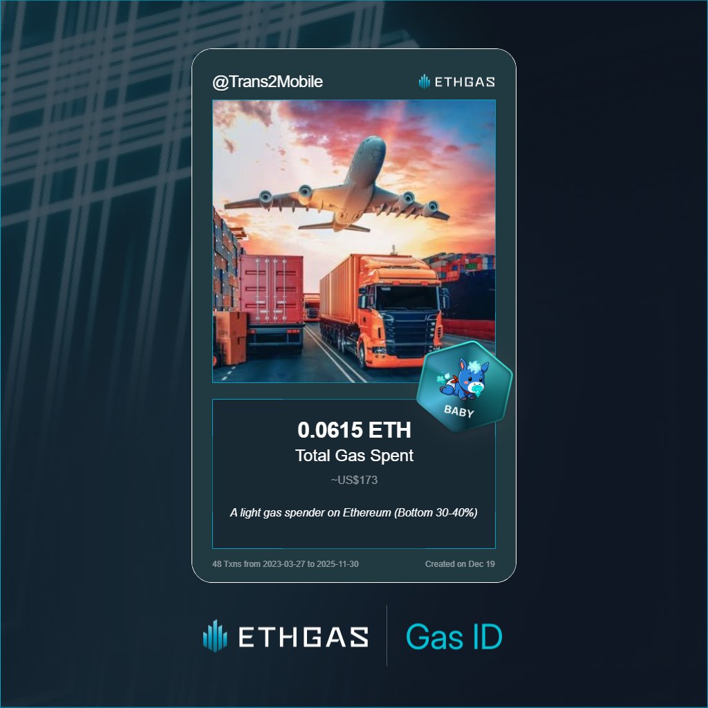 Trans2Mobile's tweet image. Leveled up in the Great Gas Reckoning with ETHGas! 💪

Baby Jack status: 0.0615 ETH gas spent, 16 Beans earned—supporting the Gasless Future!

Claim your Gas ID at ethgas.com/community/gas-…