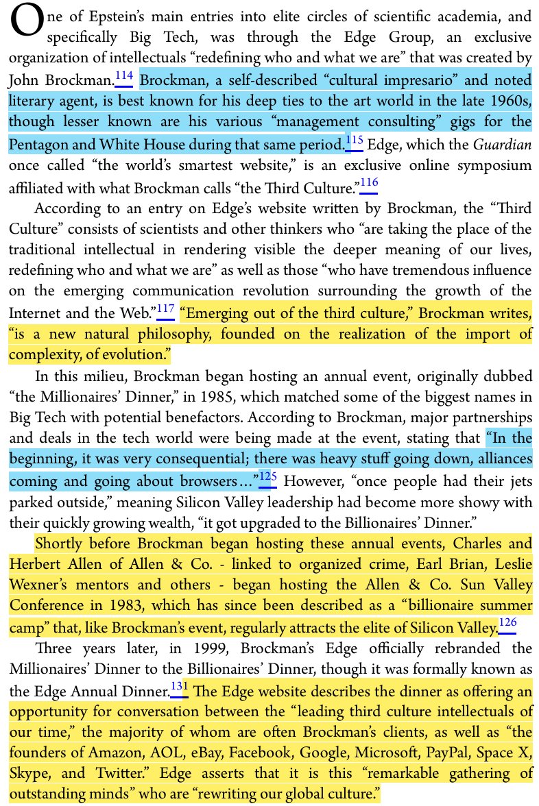 toxictiramisu's tweet image. Jeffrey Epstein's entry into Silicon Valley was Edge Group, founded by Pentagon-linked John Brockman. As its main financier, he infiltrated Google/ Microsoft/Tesla/Amazon while cultivating elite scientists. This advanced his eugenics agenda &amp;amp; use Edge as a blackmail/influence op.