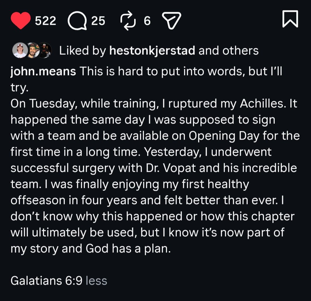 All of us in #Birdland need to send good vibes and prayers to our guy John Means, as he announced on his socials that he ruptured his Achilles while training. 

We love you, John! Keep your head up! 🙏🏻
#baltimorebattery #Orioles #LetsGoOs