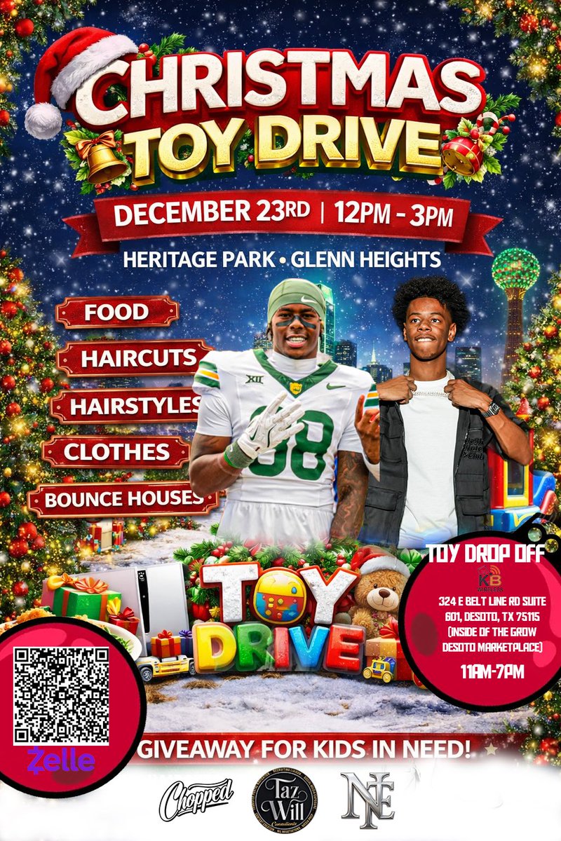 🎄🎄 <a href="/TazWillCo/">Taz Will Co</a>  🎄🎄 
1st Annual Christmas Toy Drive Christmas

Bring friends, family, and lots of holiday cheer. The QR code on screen is a link to send cash donations -all donations will be used for kids in need!

You can also drop off toys in person @ KB Wireless:
324 E