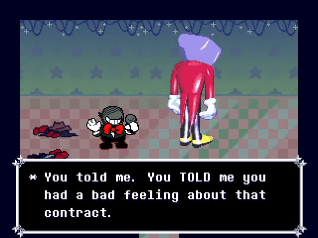 _starridge's tweet image. spamton says everyone will pay *except* mike because mike tried to stop tenna from making spamton break the deal. to spamton, mike tried to stop tenna from ruining spamton's life. mike is his friend.