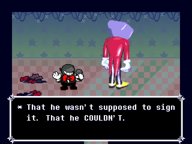 _starridge's tweet image. spamton says everyone will pay *except* mike because mike tried to stop tenna from making spamton break the deal. to spamton, mike tried to stop tenna from ruining spamton's life. mike is his friend.