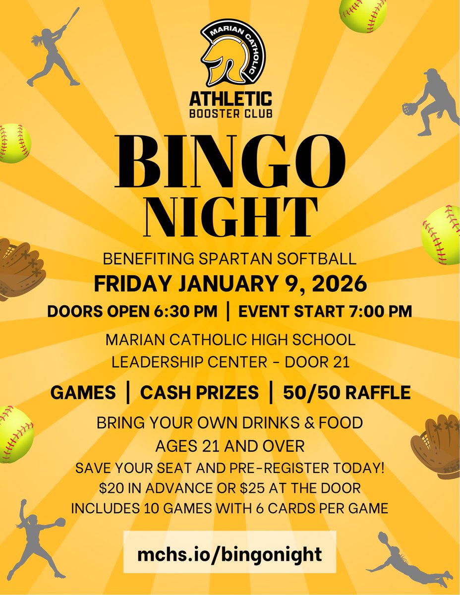 boosters_mchs's tweet photo. 📌Next up: 🥎BINGO for SOFTBALL🥎 Join us to support the Spartan Softball program w/new Head Coach Ron Newquist this January🖤💛 As always, Bingo Night is BYOB &amp; BYOFood! Reserve a table with early bird discounted books! Link below! See you there! 

📲 https://t.co/C9fCTxEoBD https://t.co/eBzHk13yst