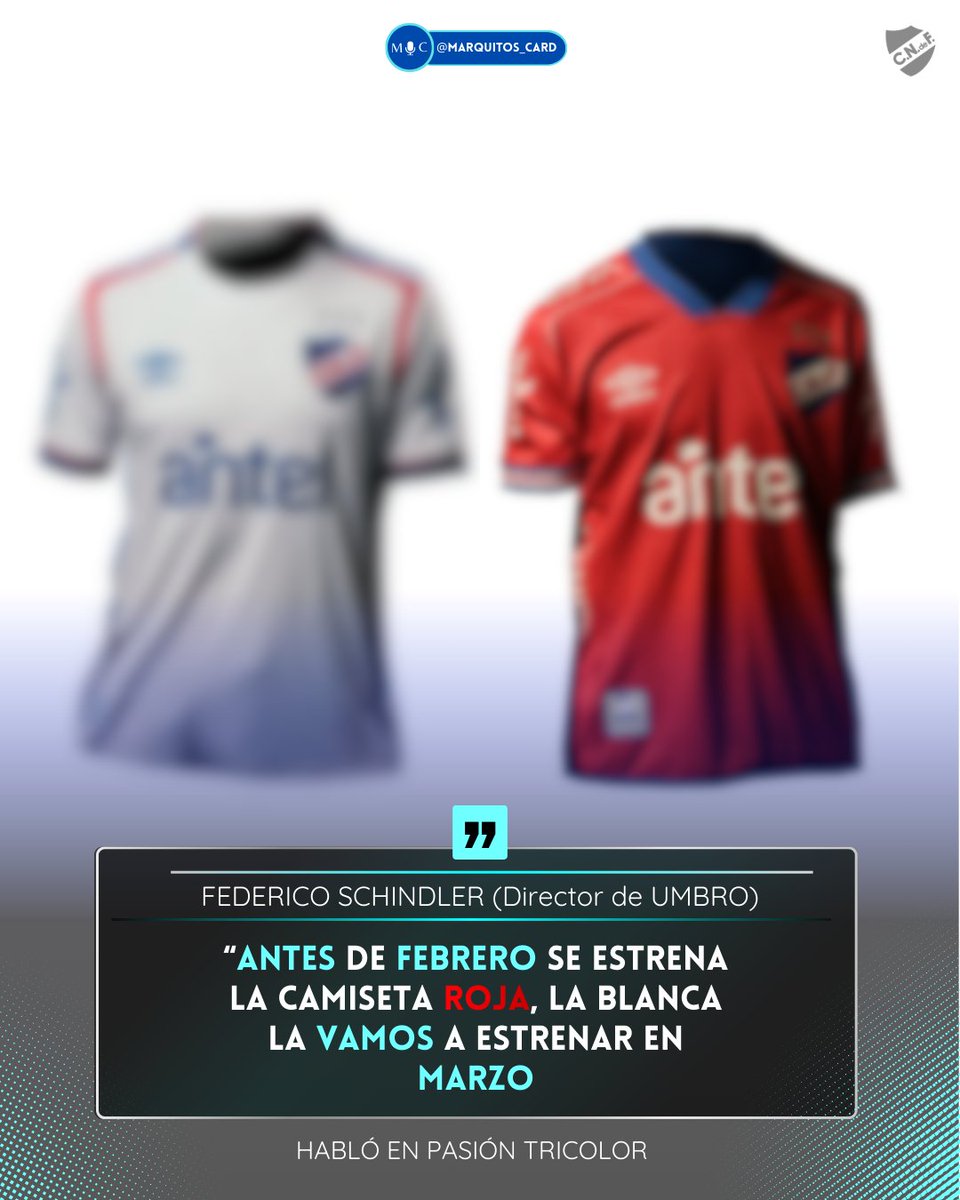 🚨INFORMACIÓN DE LAS NUEVAS CAMISETAS DE NACIONAL

➡️Federico Schindler (Director de Umbro) en <a href="/PasionTricolor1/">PASIÓN TRICOLOR</a> mencionó que antes de que Nacional debute en la Libertadores estrenarán la camiseta blanca.

Y la roja será la primer camiseta lanzada, en febrero se lanzará.