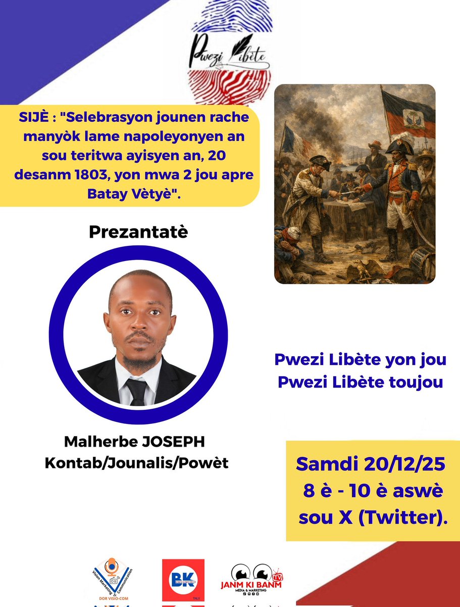 20 desanm 1803, se yon dat enpòtan nan listwa d Ayiti, notamman nan mond la, dat sa a make kapitilasyon final lame napoleyonyen an nan ansyen koloni an. Samdi 20/12/25, 8 è nan aswè, atravè literati ak pwezi, Pwezi Libète pral salye dat sa a. Deja nou swete w byenvini kanmarad 🇭🇹